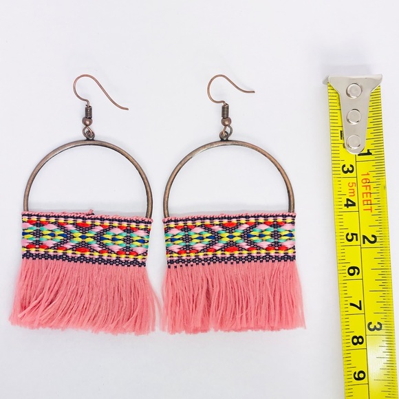New! Boho Colorful Woven Pink Tassels Earrings - Picture 2 of 2